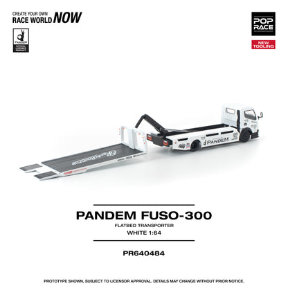 Model of a Pandem Fuso-300 flatbed transporter on a white background with branding and product details.