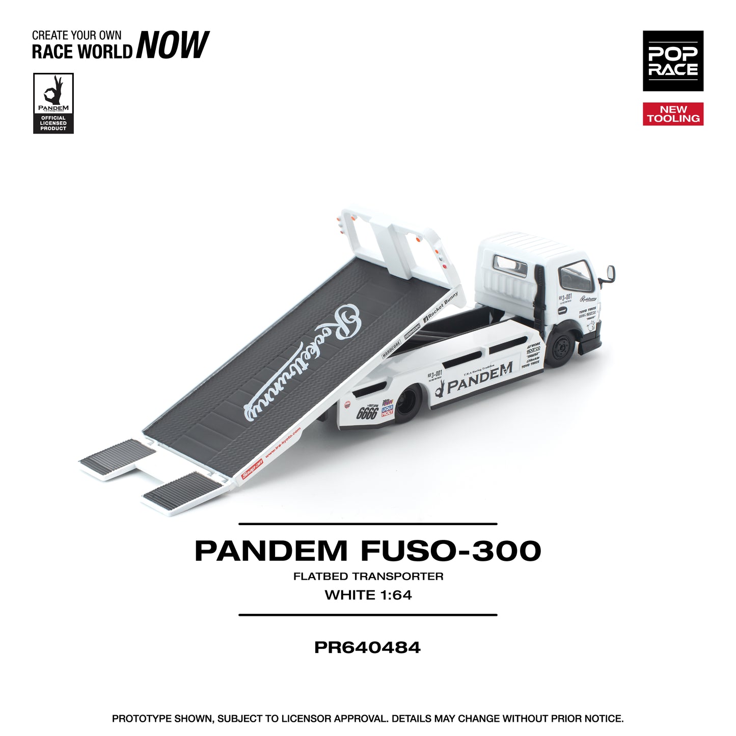 Model of a Pandem Fuso-300 flatbed transporter on a white background with branding and product details.