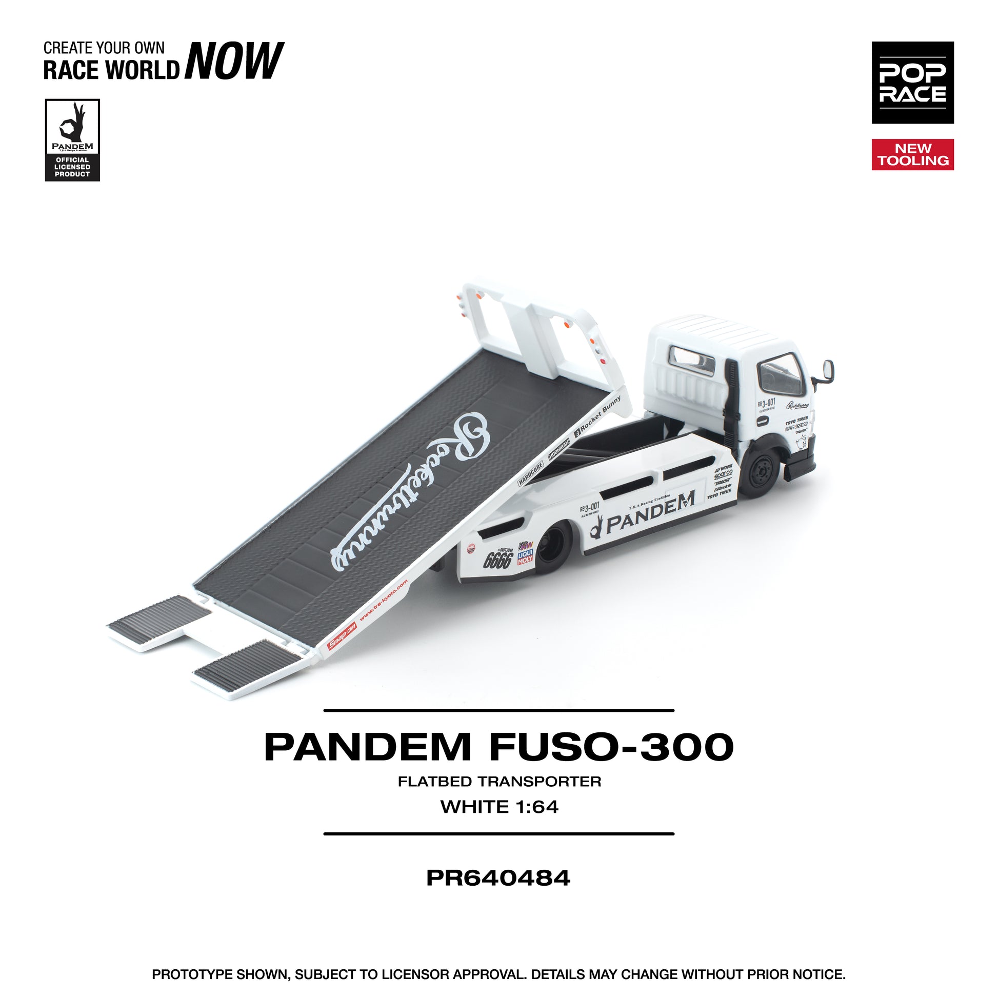 Model of a Pandem Fuso-300 flatbed transporter on a white background with branding and product details.