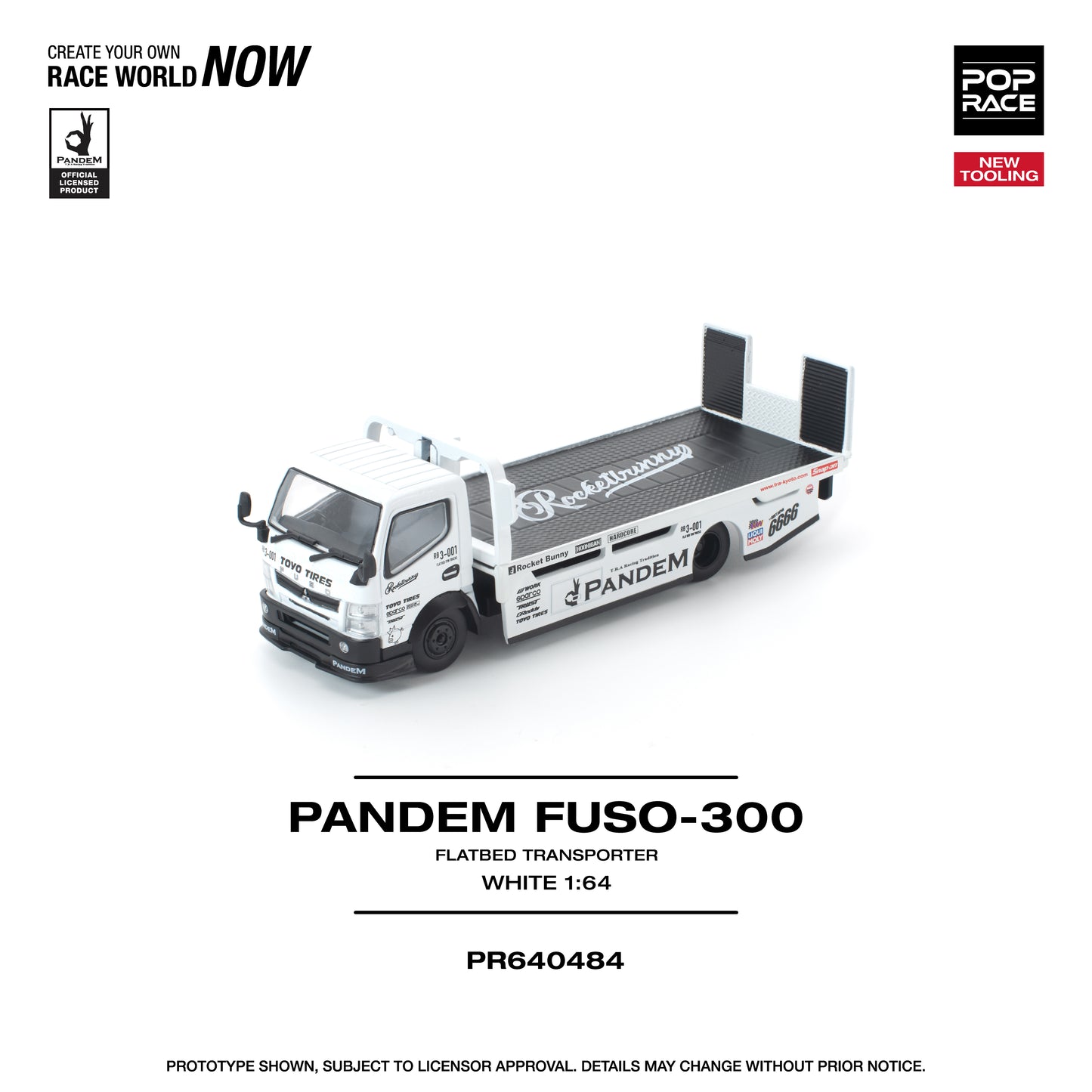 Model of a Pandem Fuso-300 flatbed transporter on a white background with branding and product details.