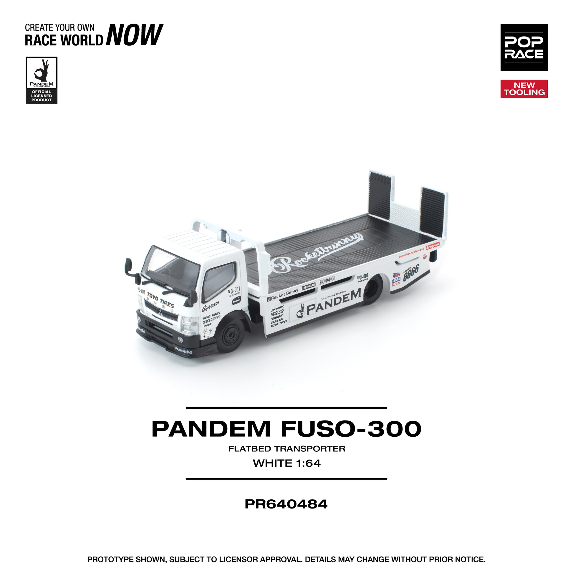 Model of a Pandem Fuso-300 flatbed transporter on a white background with branding and product details.