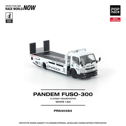 Model of a Pandem Fuso-300 flatbed transporter on a white background with branding and product details.