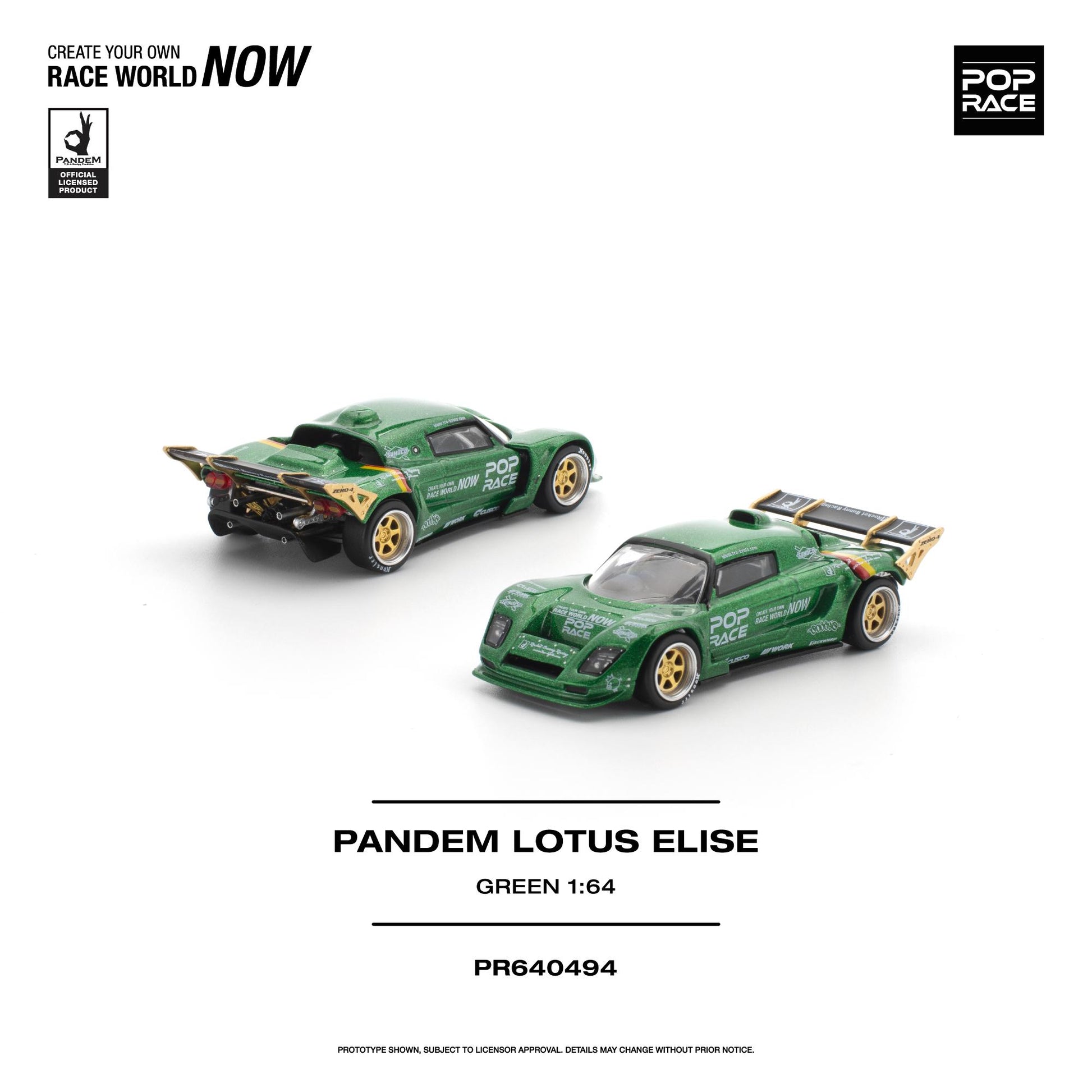 Two green 1:64 scale model race cars on a white background, with printed text reading 'PANDEM LOTUS ELISE', 'GREEN 1:64', and 'PR640494'. The POP Race logo appears in the top right, and a smaller brand mark appears in the top left.