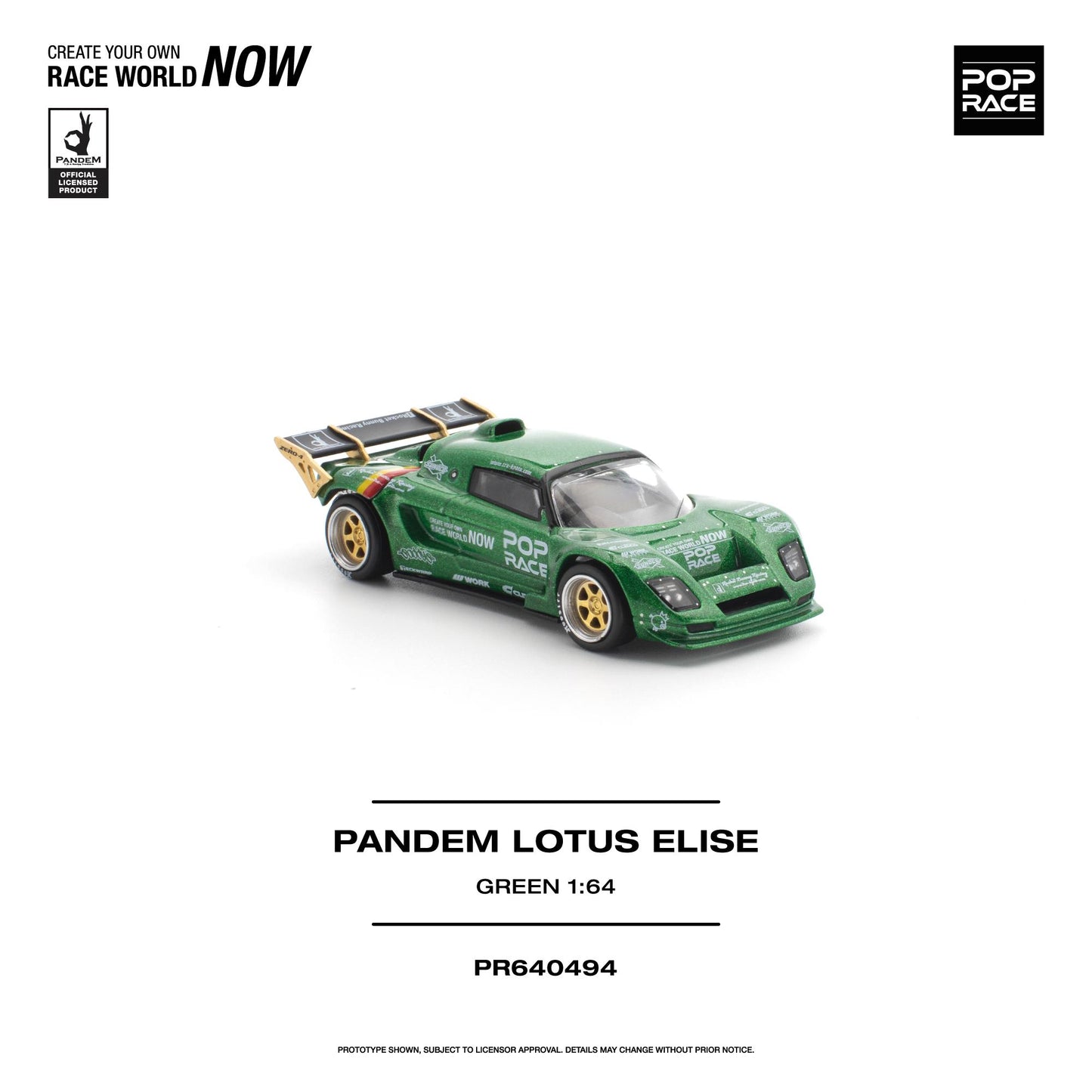 A 1:64 scale model car of the green Pandem Lotus Elise, shown on a clean white background with brand logos and product text.
