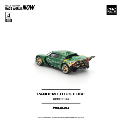 A 1:64 scale model car of the green Pandem Lotus Elise by Pop Race, shown from a rear three-quarter angle on a clean white background with product details and branding.