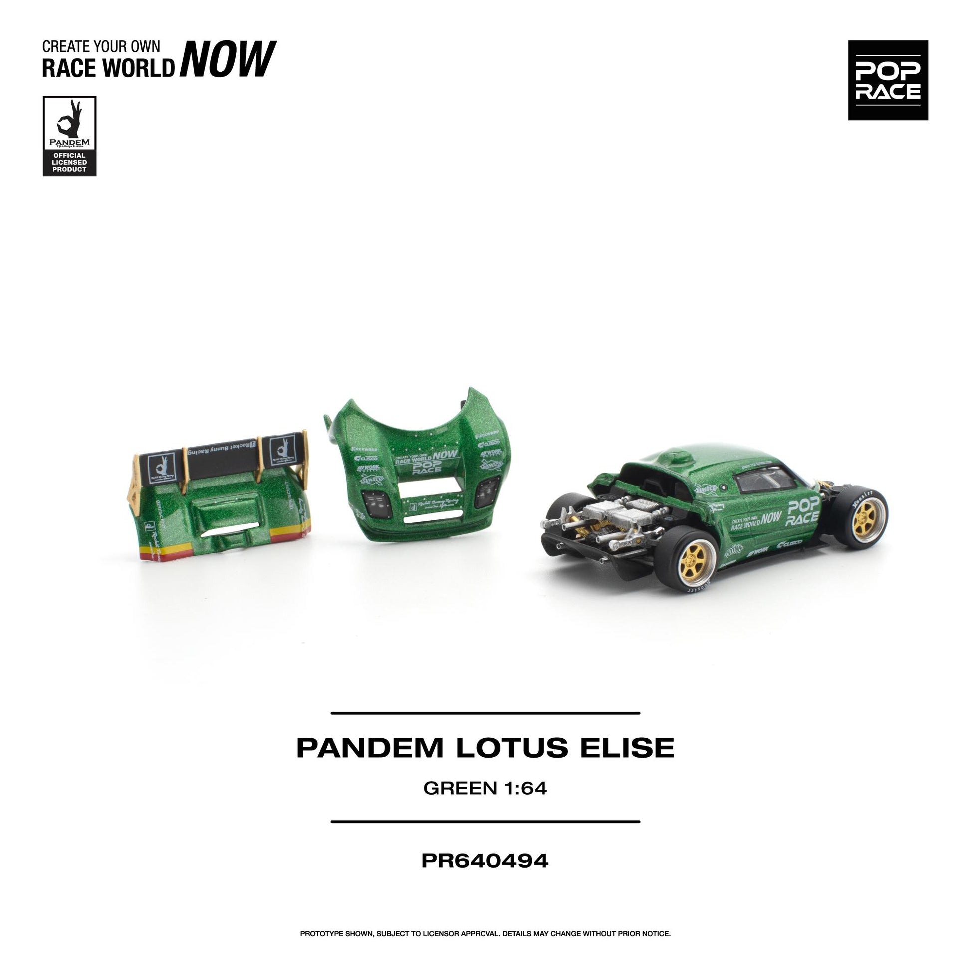 A 1:64 scale model car kit for the Pandem Lotus Elise in green, shown with its separated body panels and the assembled car on a white background. The Pop Race brand logo is visible in the top right corner.