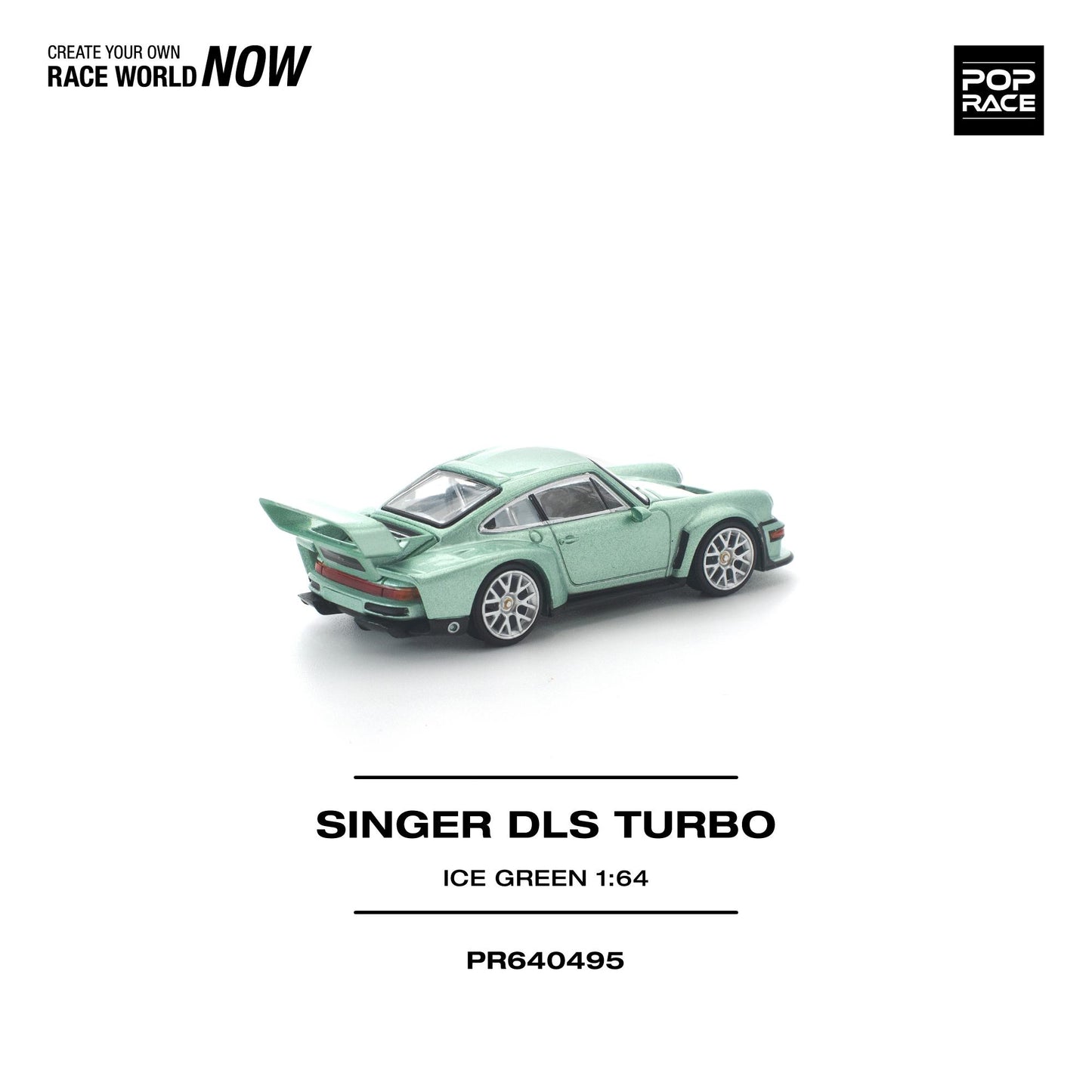 Model car of a Singer DLS Turbo in ice green on a white background with branding text.