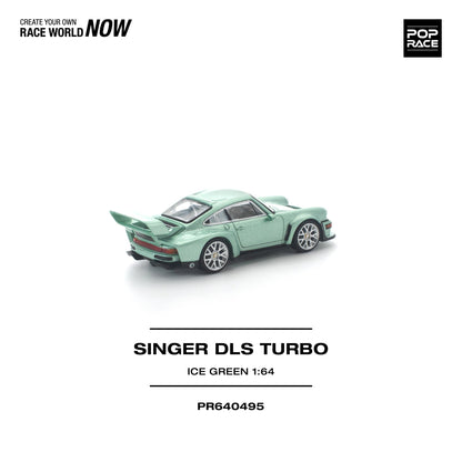 Model car of a Singer DLS Turbo in ice green on a white background with branding text.