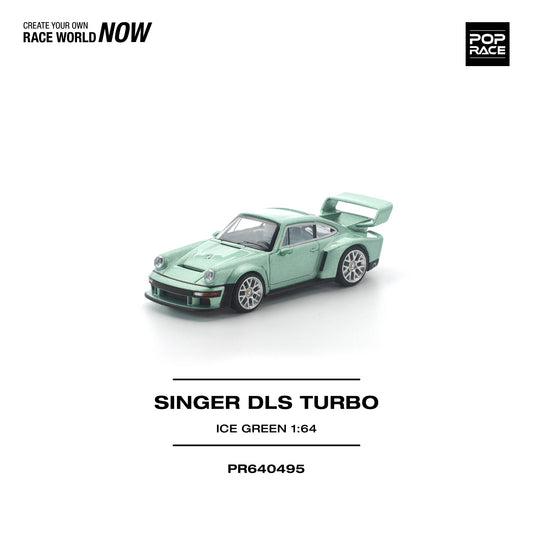 Model car of a Singer DLS Turbo in ice green on a white background with branding text.
