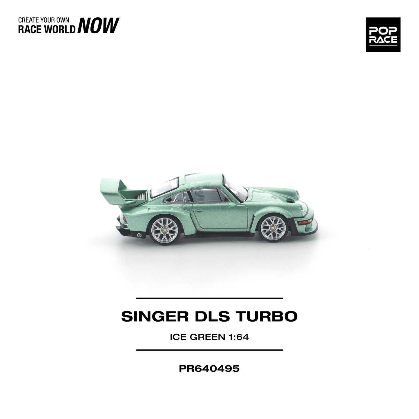 Model car of a Singer DLS Turbo in ice green on a white background with branding elements.