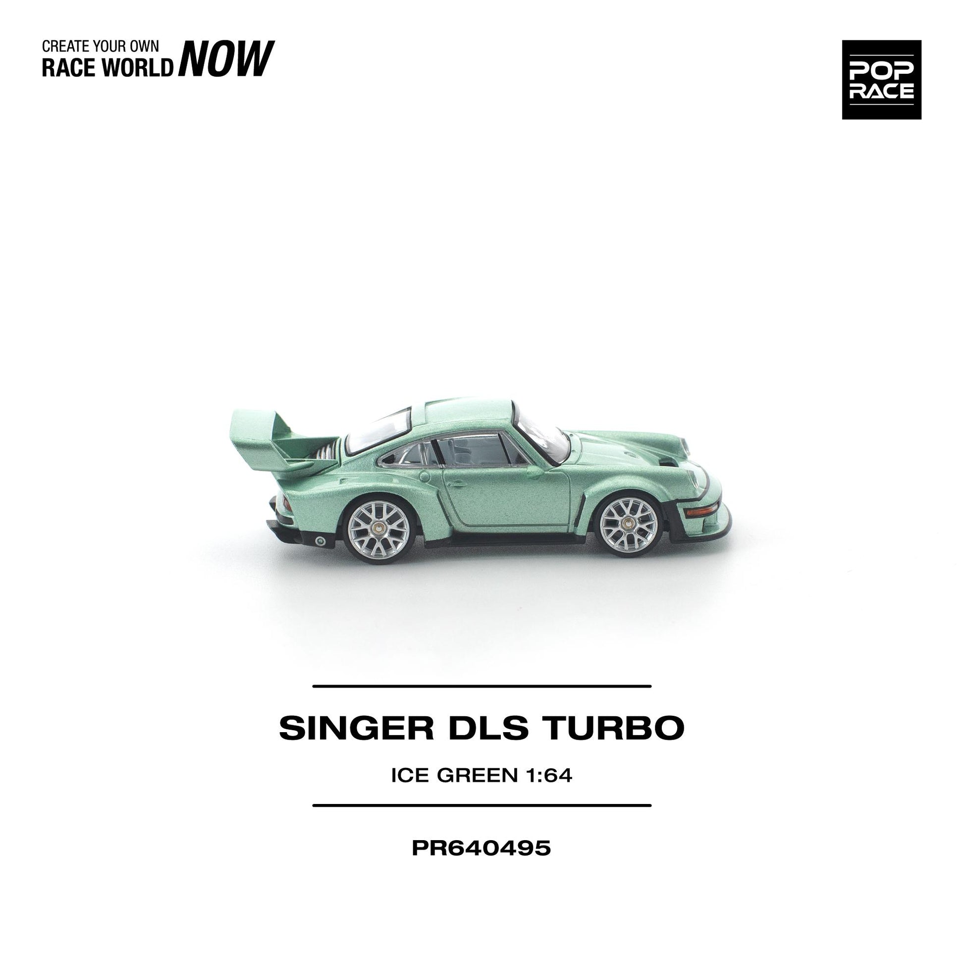 Model car of a Singer DLS Turbo in ice green on a white background with branding elements.
