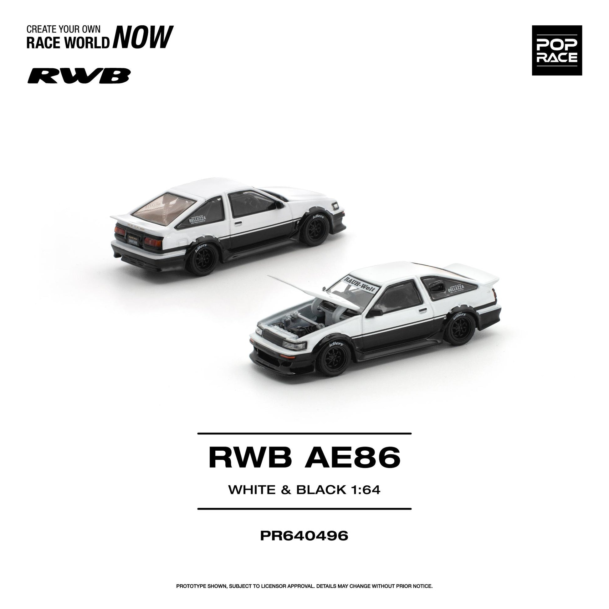 Two model cars, RWB AE86 in white and black, with detailed designs, are displayed. The text "POP RACE" and "Create Your Own Race World Now" appear above.