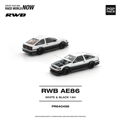 Two model cars, RWB AE86 in white and black, with detailed designs, are displayed. The text "POP RACE" and "Create Your Own Race World Now" appear above.