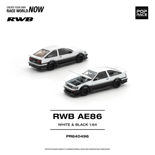 Two model cars, RWB AE86 in white and black, with detailed designs, are displayed. The text "POP RACE" and "Create Your Own Race World Now" appear above.