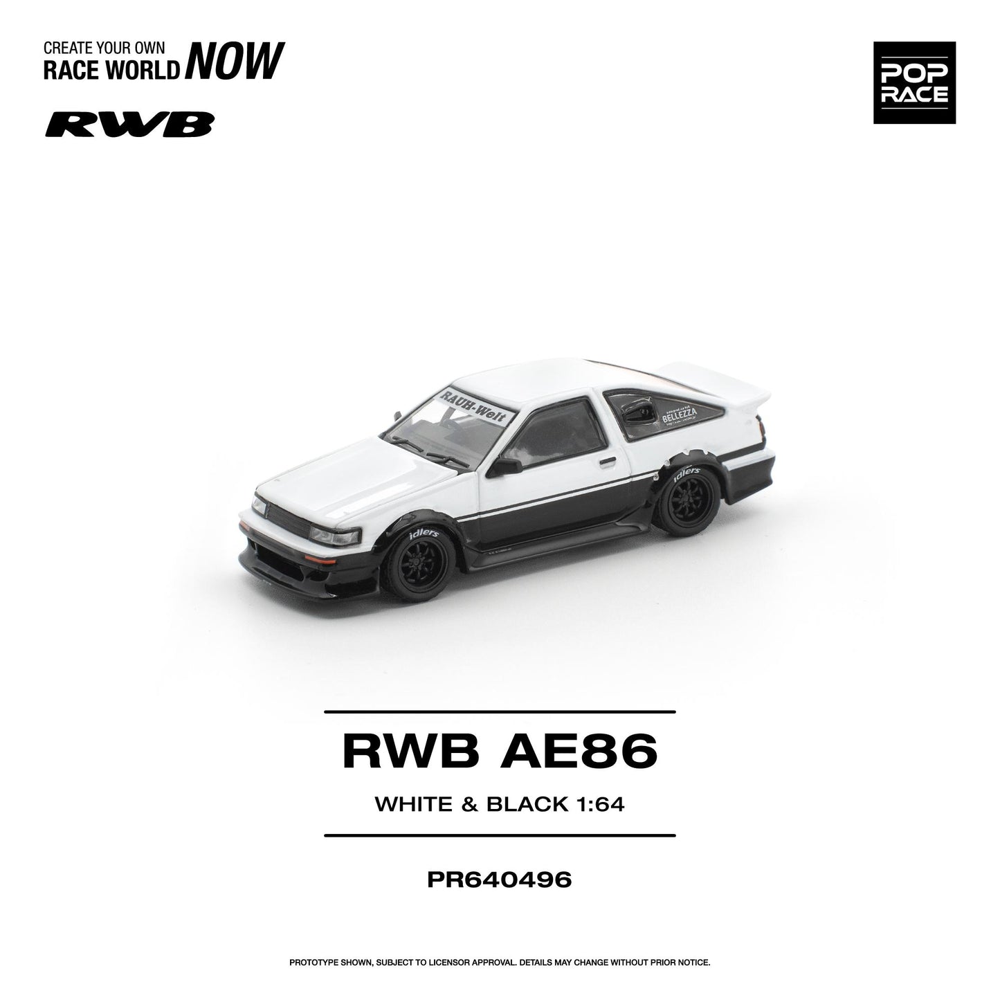 Model car of RWB AE86 in white and black on a white background with branding elements.