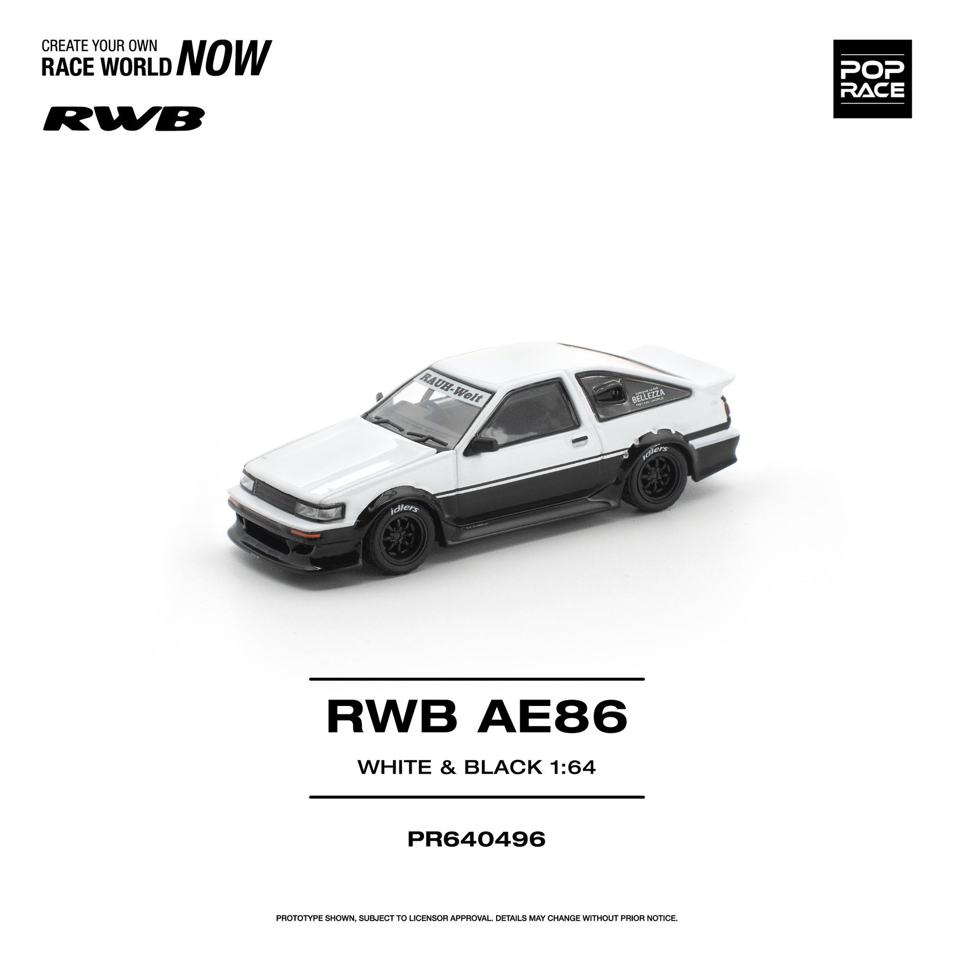 Model car of RWB AE86 in white and black on a white background with branding elements.