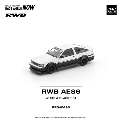 Model car of RWB AE86 in white and black on a white background with branding elements.