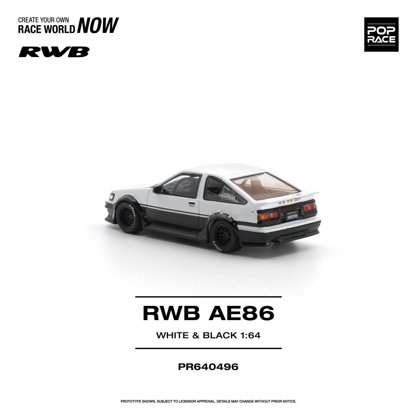 Model car of RWB AE86 in white and black on a white background with branding elements.