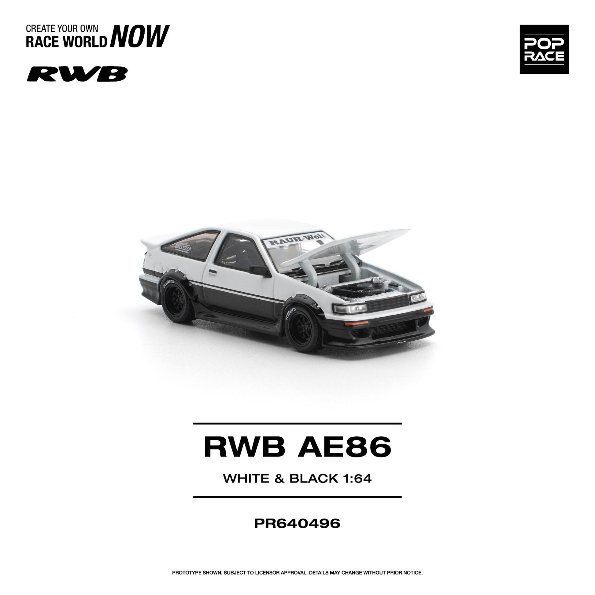 A white and black toy car with "RWB A636" written on it, showcasing a sleek design.