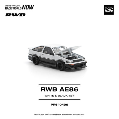 A white and black toy car with "RWB A636" written on it, showcasing a sleek design.