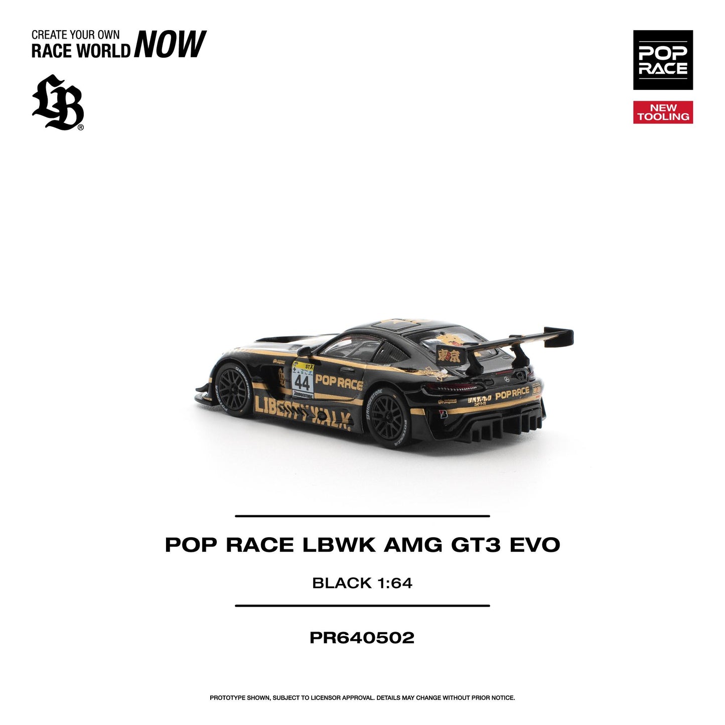 A 1:64 scale model race car on a clean white background, featuring a black and gold LMB / Pop Race LBWK AMG GT3 EVO livery. The image includes branding for 'Pop Race' and 'LBWK' along with product text identifying the model as 'Black 1:64' and part number 'PR640502'.