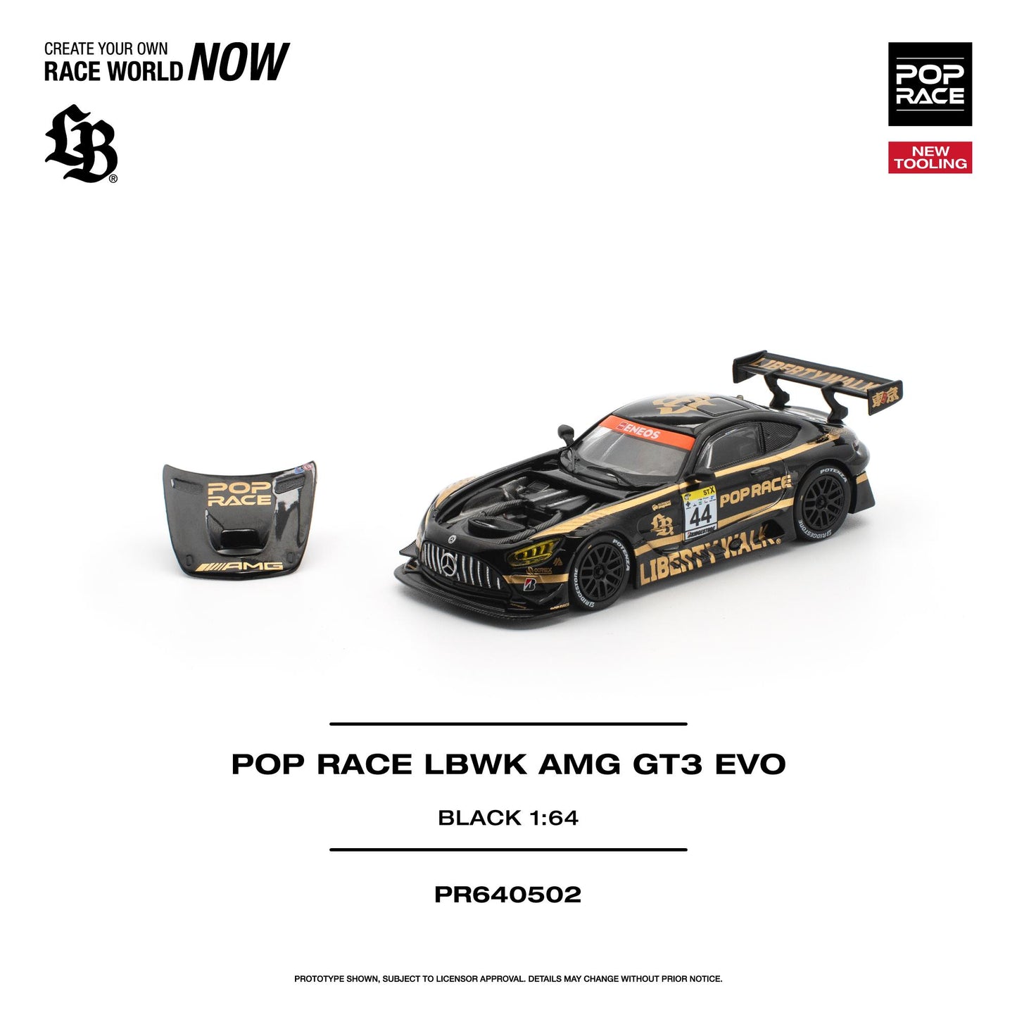 A 1:64 scale model race car kit by POP RACE, featuring a black and gold AMG GT3 EVO with a matching detached rear wing, displayed on a clean white background with product text and branding.