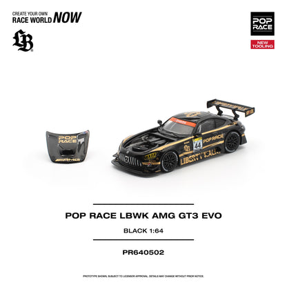 A 1:64 scale model race car kit by POP RACE, featuring a black and gold AMG GT3 EVO with a matching detached rear wing, displayed on a clean white background with product text and branding.