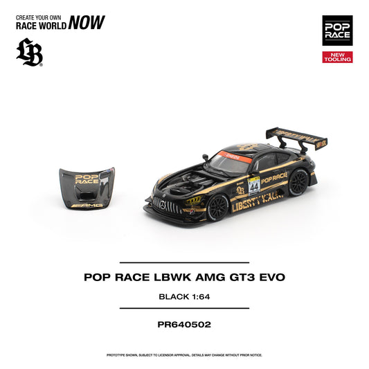 A 1:64 scale model race car kit by POP RACE, featuring a black and gold AMG GT3 EVO with a matching detached rear wing, displayed on a clean white background with product text and branding.