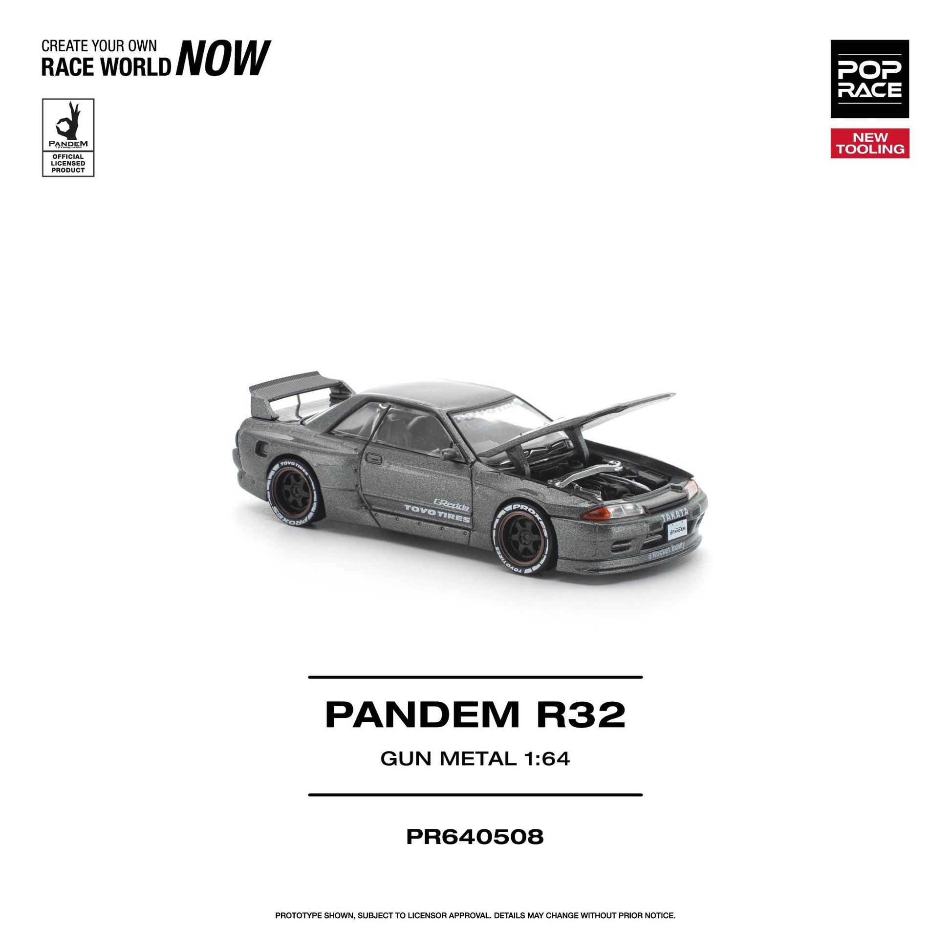Model car of a Pandem R32 in gun metal color on a white background with branding elements.
