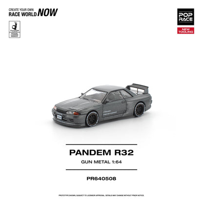 Model car of a Pandem R32 in gun metal color on a white background with branding elements.