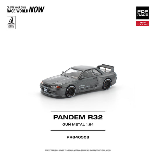 Model car of a Pandem R32 in gun metal color on a white background with branding elements.