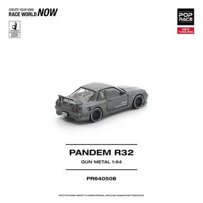 Model car of a Pandem R32 in gun metal color on a white background with branding and product details.