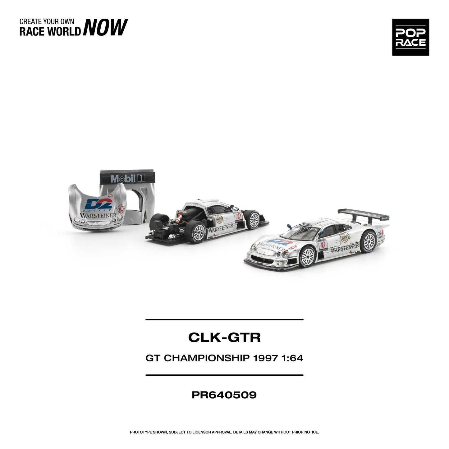 A 1:64 scale model kit of the 1997 CLK-GTR race car, shown with its packaging and a small sponsor decal on a clean white background. The brand 'POP RACE' is visible in the top right corner.