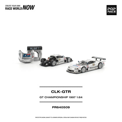A 1:64 scale model kit of the 1997 CLK-GTR race car, shown with its packaging and a small sponsor decal on a clean white background. The brand 'POP RACE' is visible in the top right corner.