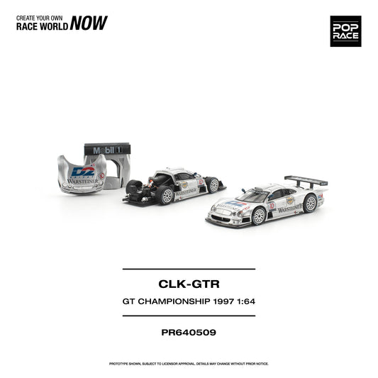 A 1:64 scale model kit of the 1997 CLK-GTR race car, shown with its packaging and a small sponsor decal on a clean white background. The brand 'POP RACE' is visible in the top right corner.
