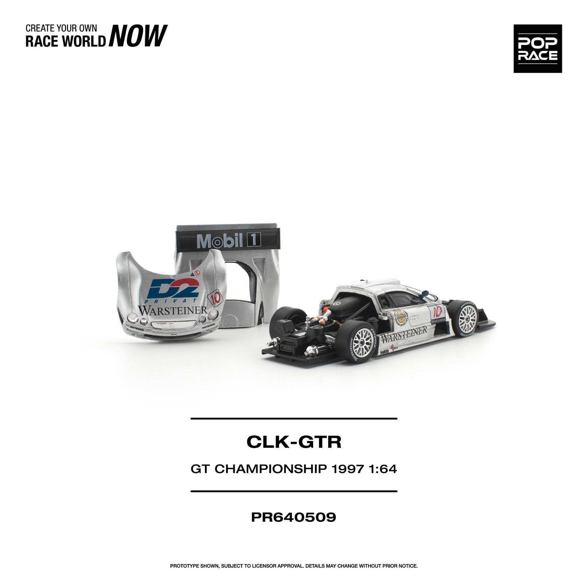 A 1:64 scale model of the 1997 CLK-GTR race car by Warstein, shown alongside its silver and black display stand. The model features a silver and white livery with black and red accents, and the stand is branded with Mobil 1 and Warstein.