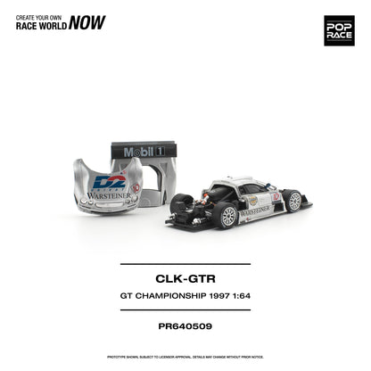 A 1:64 scale model of the 1997 CLK-GTR race car by Warstein, shown alongside its silver and black display stand. The model features a silver and white livery with black and red accents, and the stand is branded with Mobil 1 and Warstein.