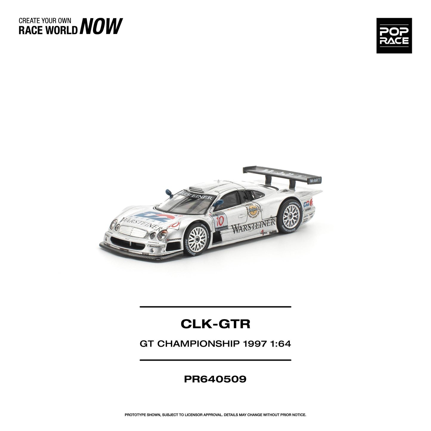 A 1:64 scale model of a 1997 CLK-GTR race car in a white and blue livery with 'Wartech' branding, shown on a clean white background with product details and the 'Pop Race' logo.