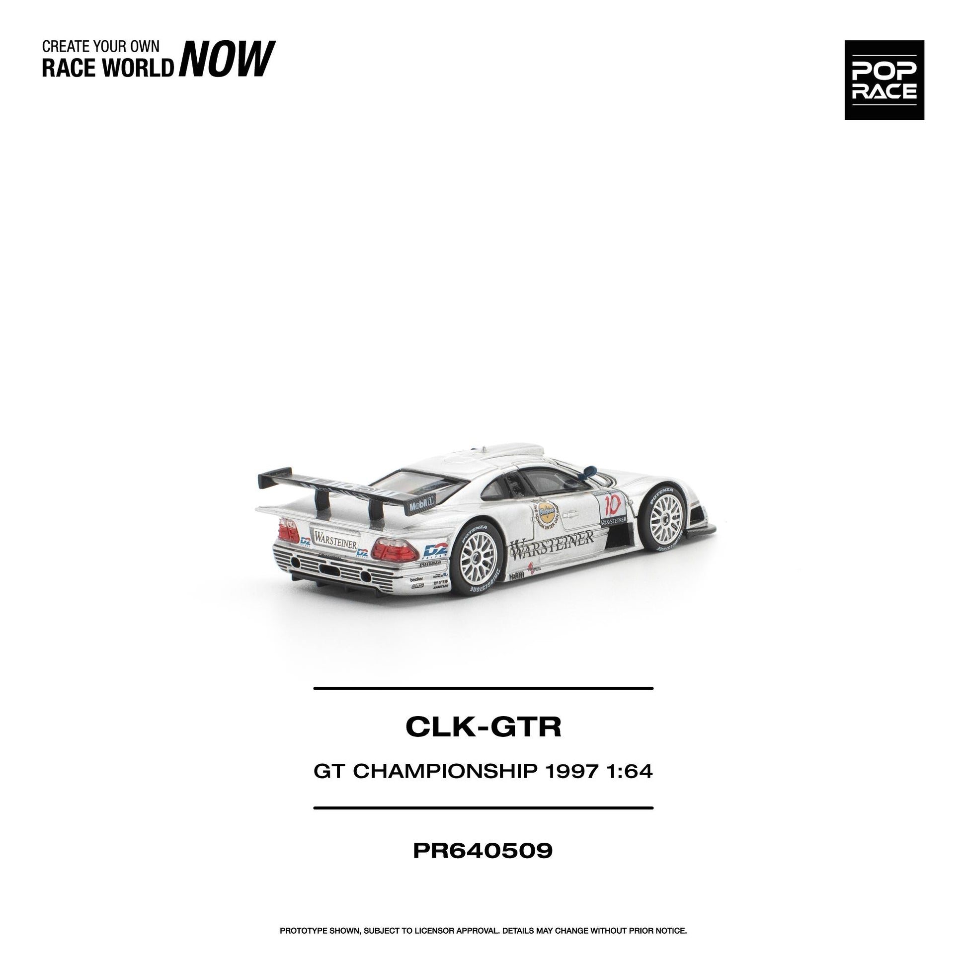 A 1:64 scale model of a white Mercedes CLK-GTR race car with 1997 GT Championship livery, shown on a clean white background with product details and branding text.