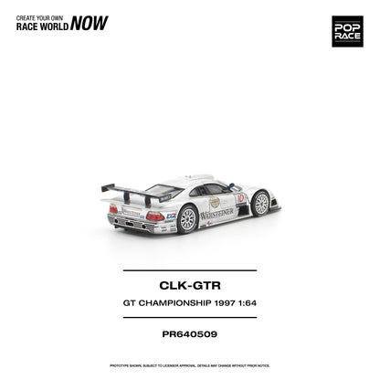 A 1:64 scale model of a white Mercedes CLK-GTR race car with 1997 GT Championship livery, shown on a clean white background with product details and branding text.