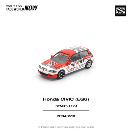 Model car of a Honda Civic (EG6) with red and white design on a white background, featuring Pop Race branding.