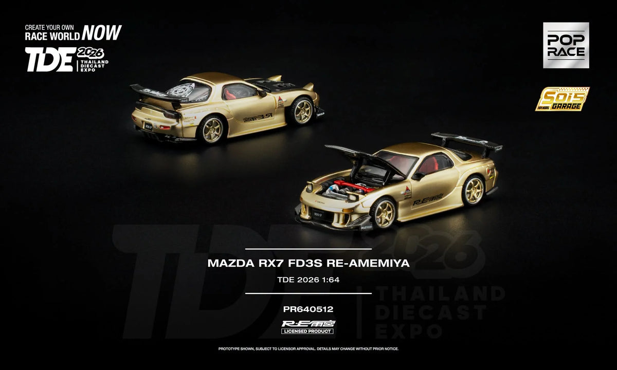 Pop Race 1:64 Mazda RX-7 FD3S RE-Amemiya TDE 2026 Gold PR640512 diecast model with opening hood, rear wing and gold wheels.