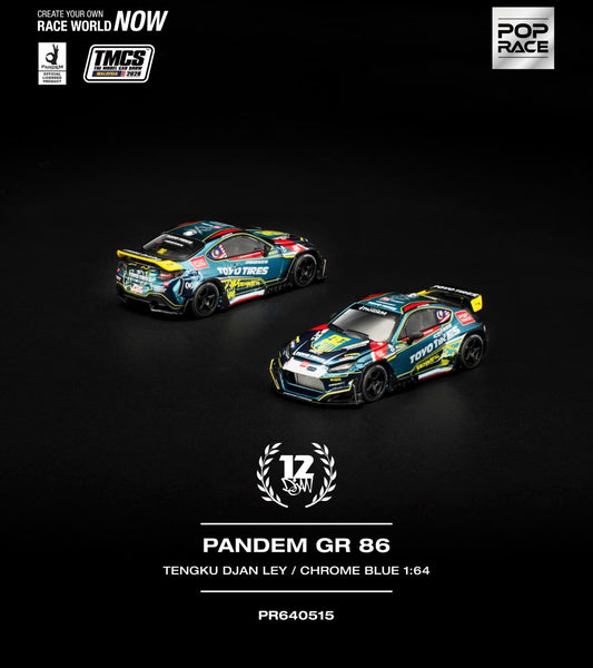 Two 1:64 scale model race cars on a black background, with branding and product text for the Pandem GR 86 by TMCS World and Pop Race.