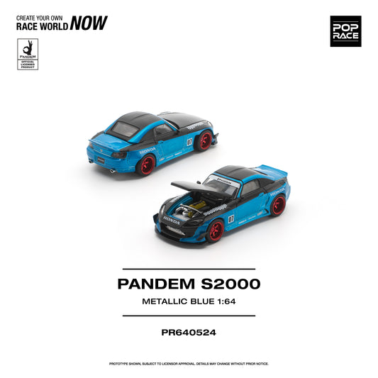 Model car of a Pandem S2000 in metallic blue with Pop Race branding.