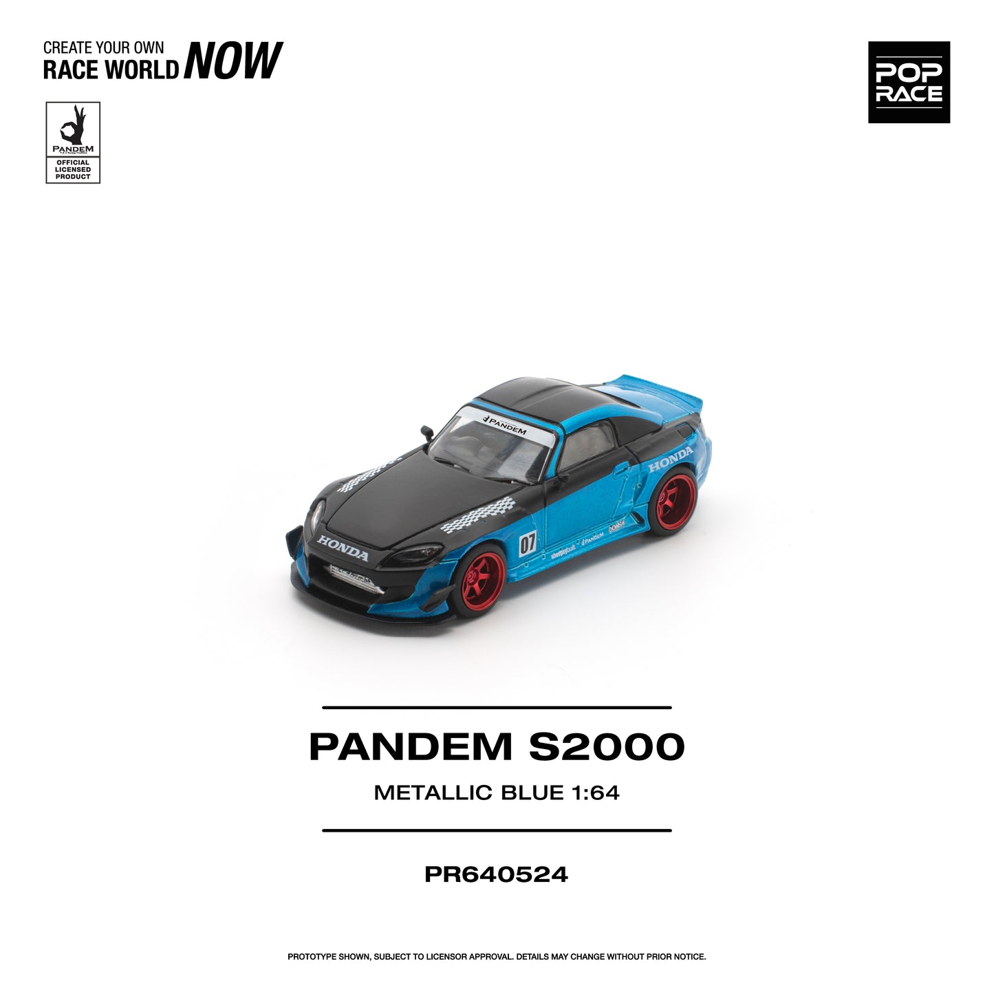 Model car of a Pandem S2000 in metallic blue and black on a white background with branding elements.