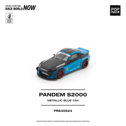 Model car of a Pandem S2000 in metallic blue and black on a white background with branding elements.