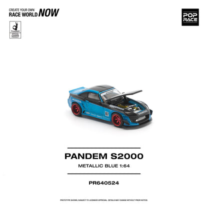 Model car of a Pandem S2000 in metallic blue on a white background with Pop Race branding.