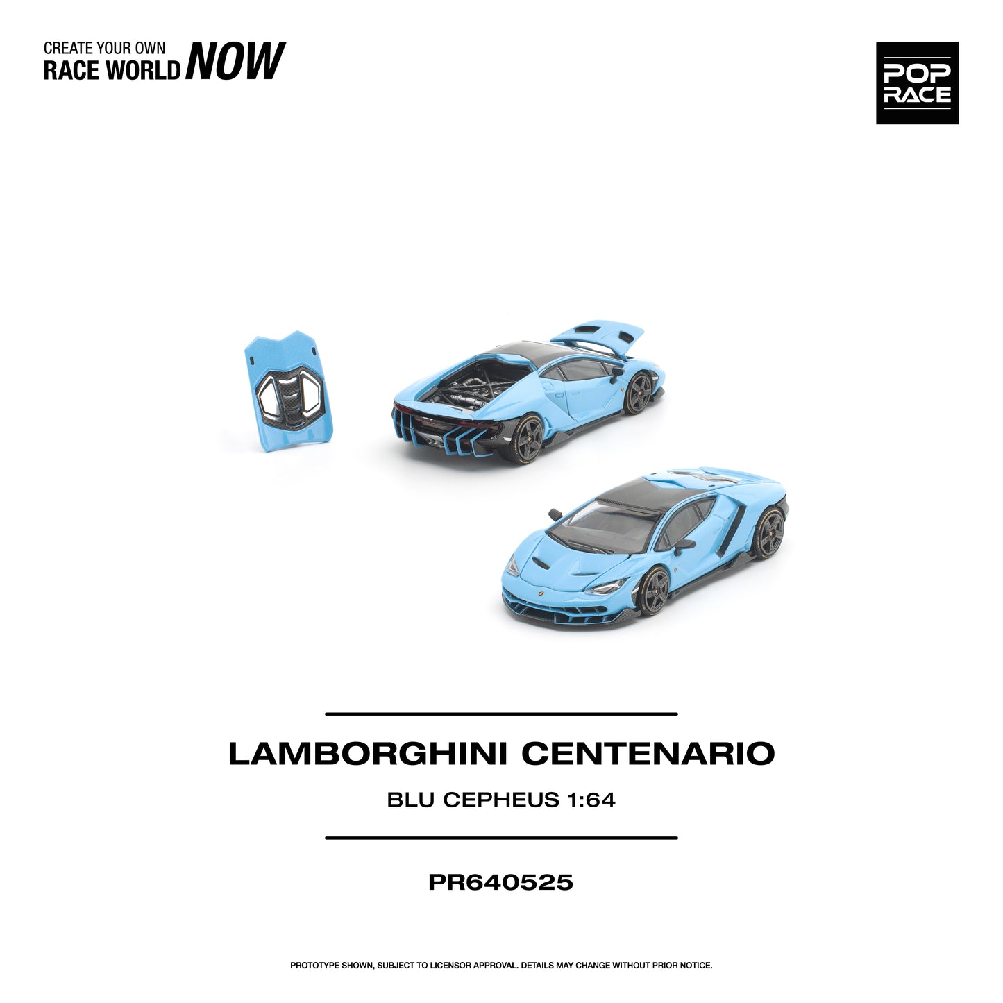 Blue Lamborghini Centenario model car with packaging on a white background, featuring Pop Race branding.