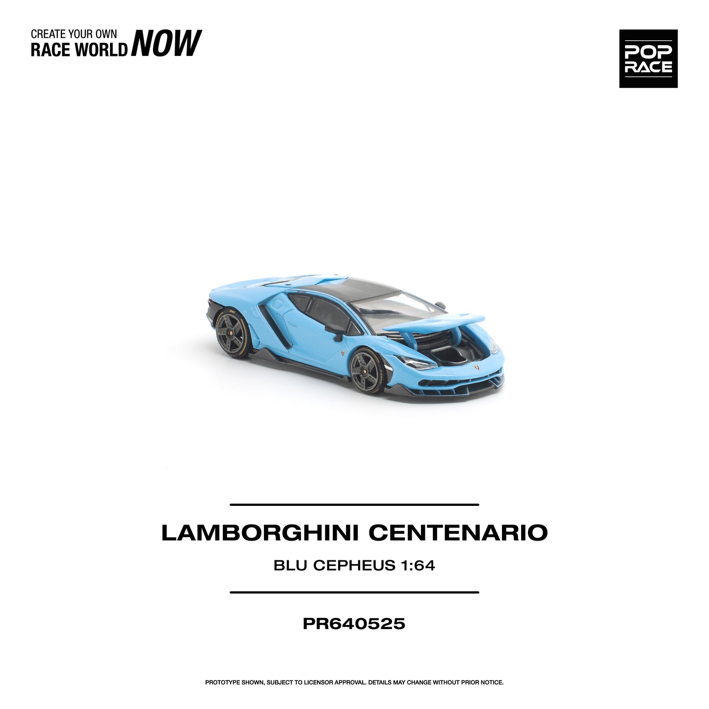 Blue Lamborghini Centenario model car on a white background with 'Pop Race' branding.