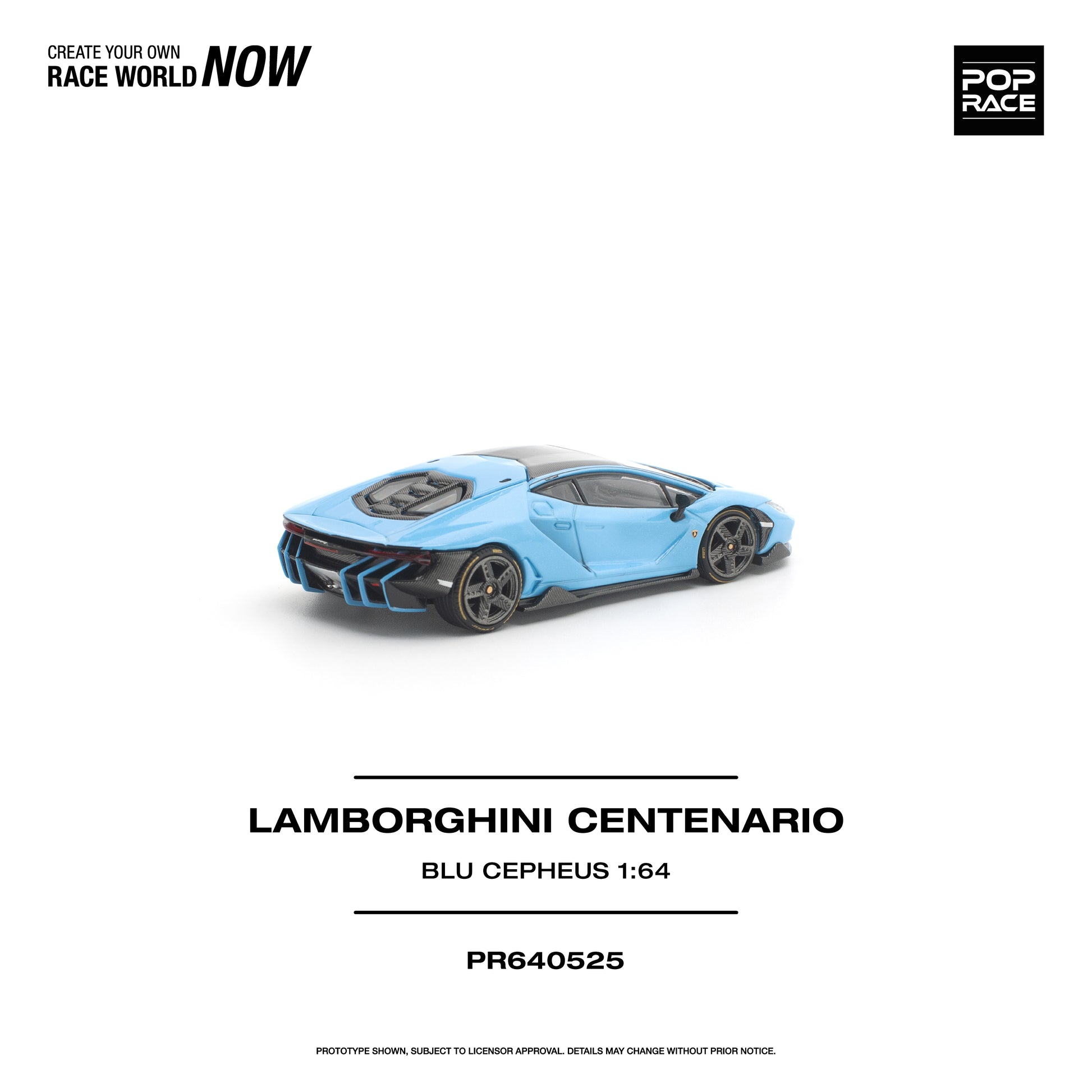 Model of a Lamborghini Centenario in blue on a white background with branding text.